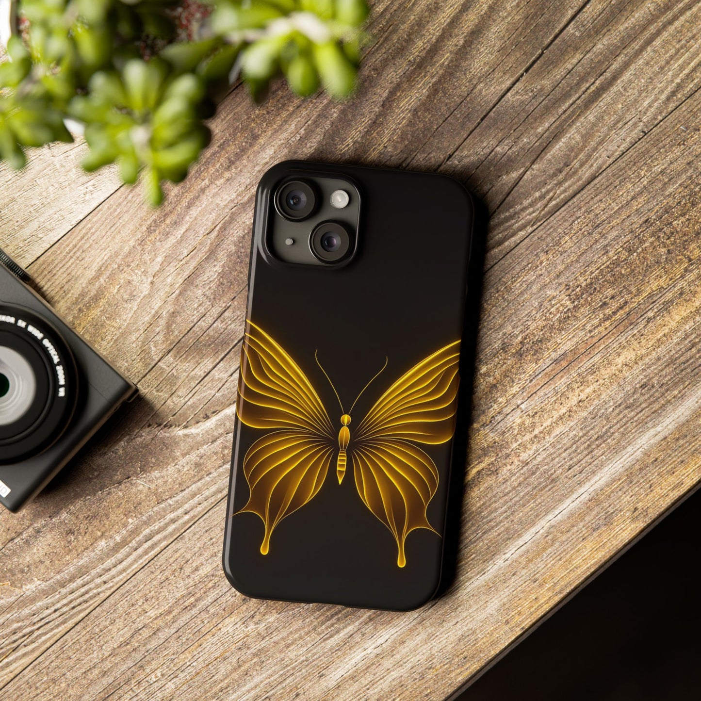 Golden Butterfly Phone Case, Elegant Insect Art, Black Aesthetic Slim Phone Case Compatible with iPhone, Galaxy, Google
