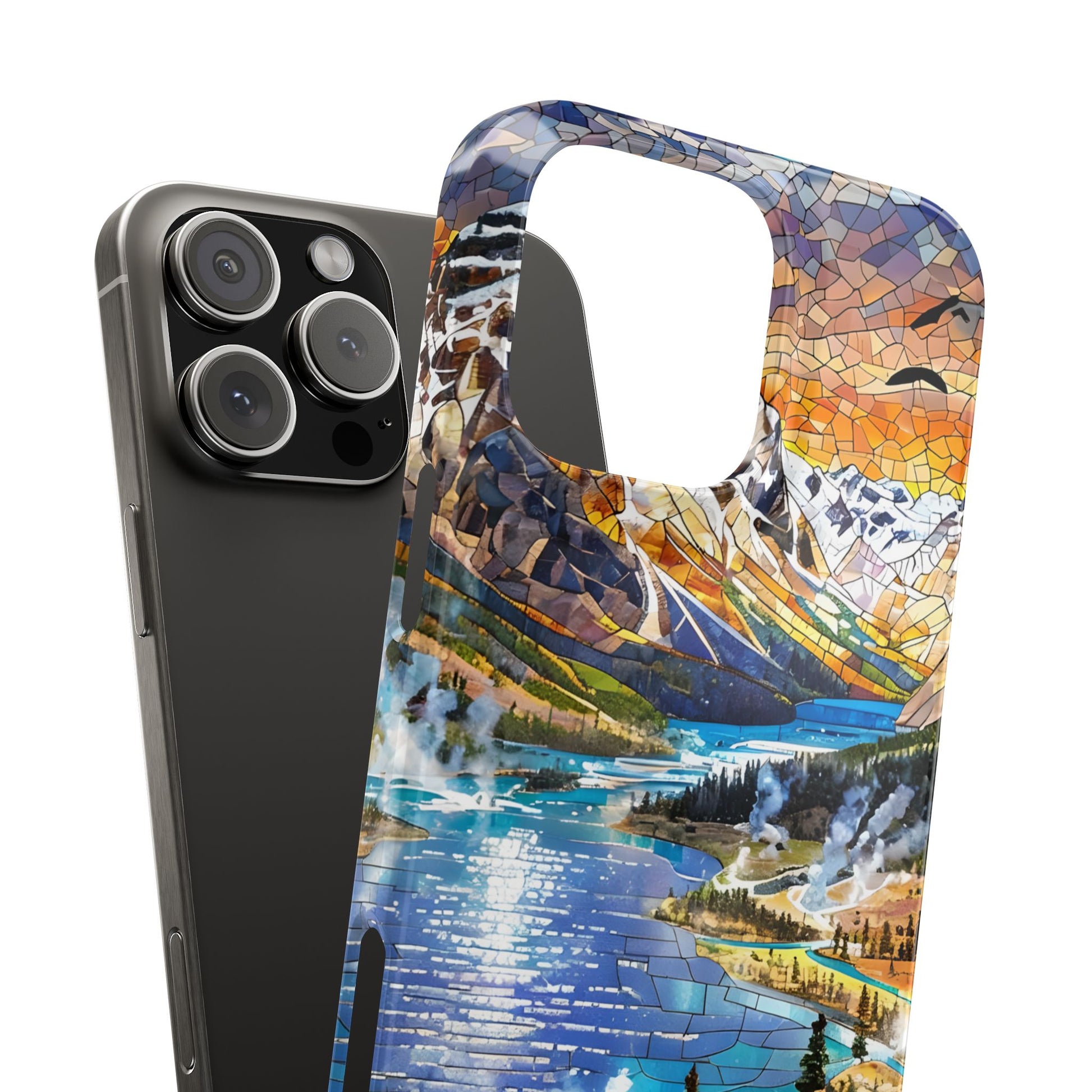 May include: Slim phone case featuring a mosaic-style mountain lake landscape with blue water, snowy peaks, and grazing bison.