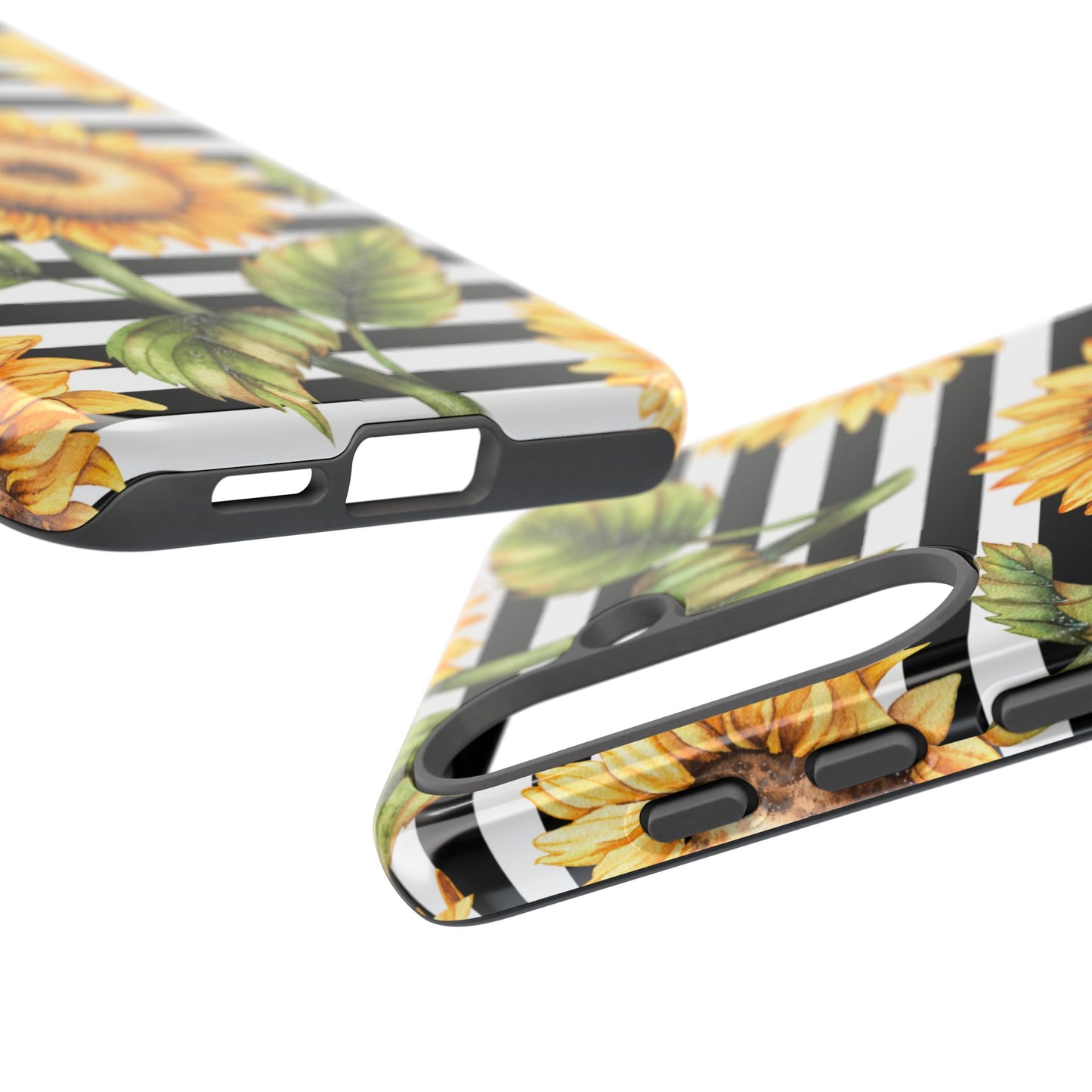 Sunflower Tough Phone Case - Bold Yellow Floral Art, Black and White Striped Aesthetic, Compatible with iPhone, Galaxy, and Google Phones