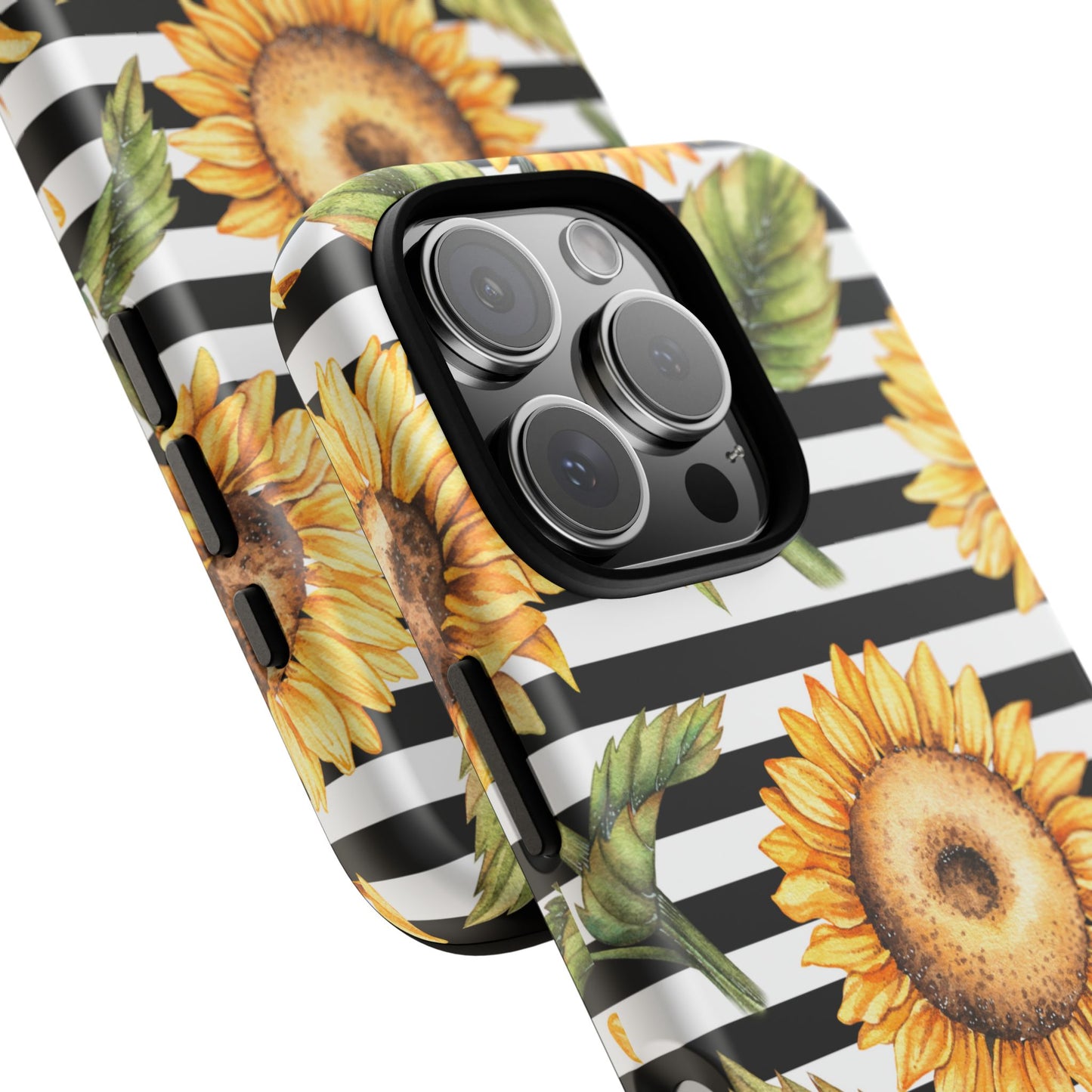 Sunflower Tough Phone Case - Bold Yellow Floral Art, Black and White Striped Aesthetic, Compatible with iPhone, Galaxy, and Google Phones