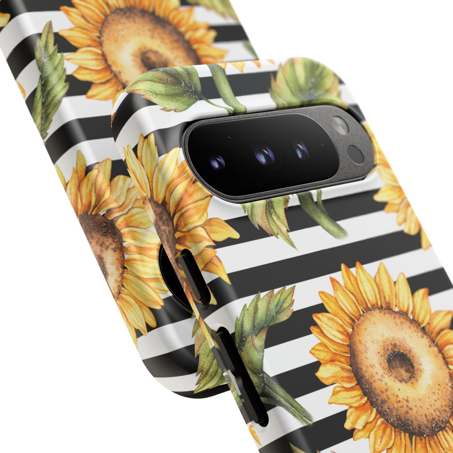 Sunflower Tough Phone Case - Bold Yellow Floral Art, Black and White Striped Aesthetic, Compatible with iPhone, Galaxy, and Google Phones