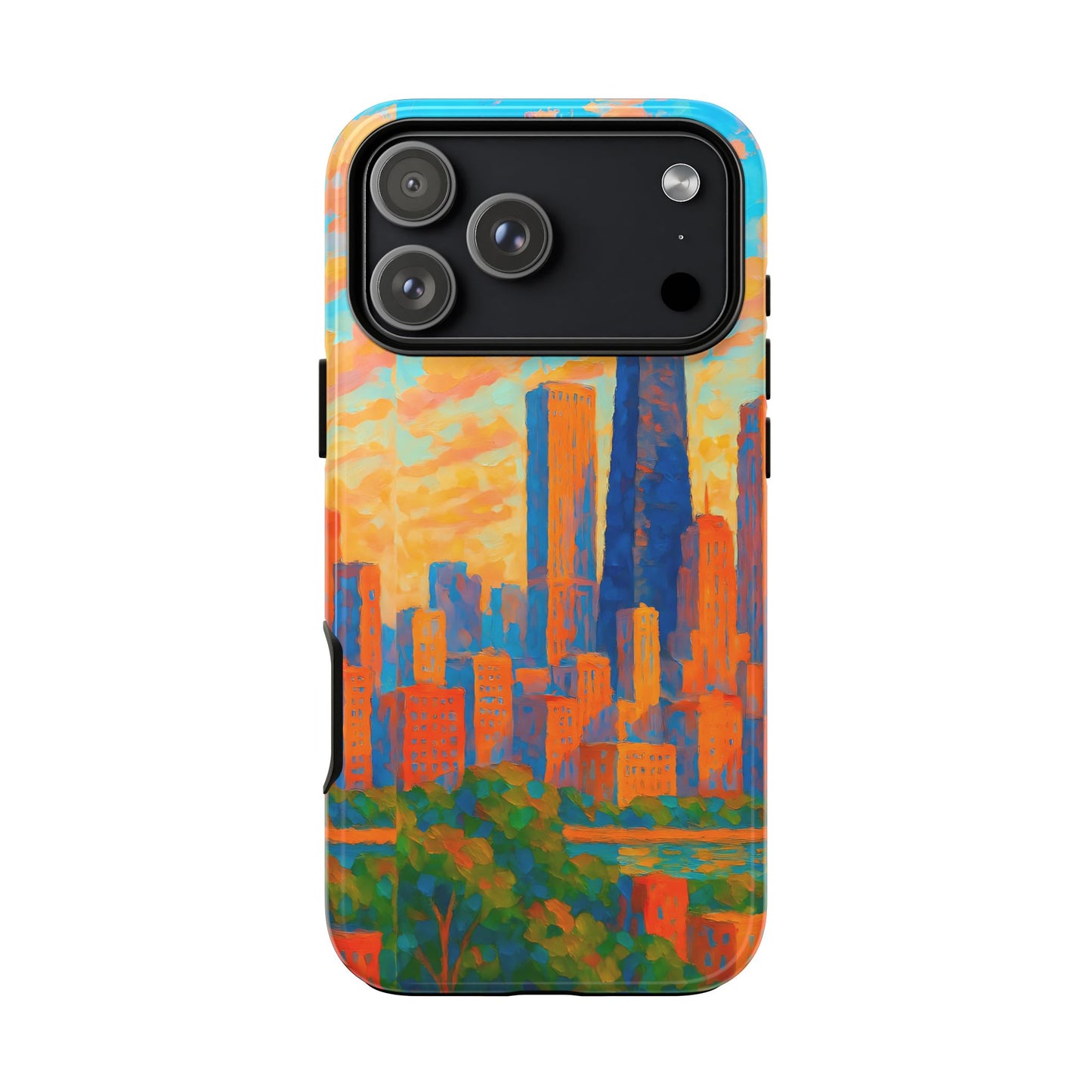 Cityscape Tough Phone Case, Chicago Skyline Phone Cover, Sunset Glow Design Compatible with iPhone, Galaxy & Google