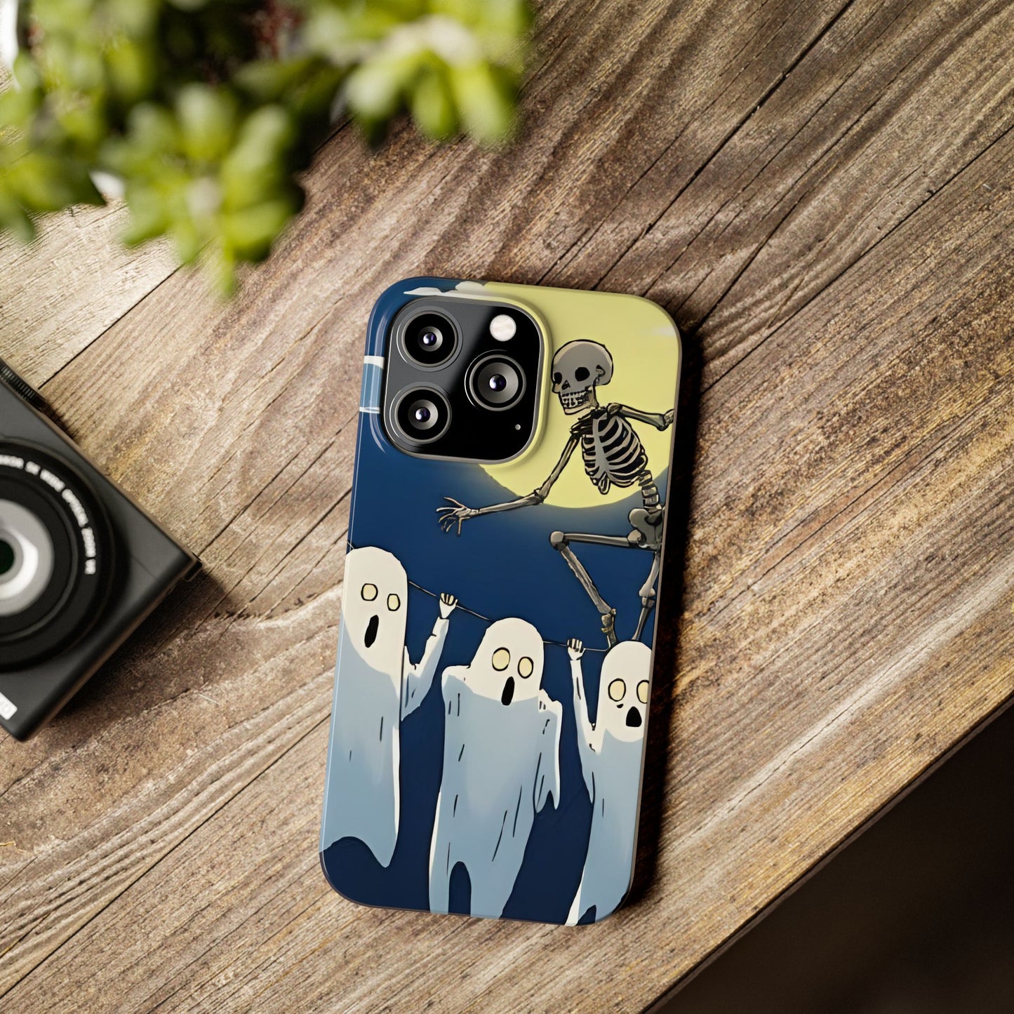 Jumping Skeleton Slim Phone Case - Halloween Aesthetic, Creepy Cute Ghost Cartoon Style, Compatible with iPhone, Galaxy, and Google Phones