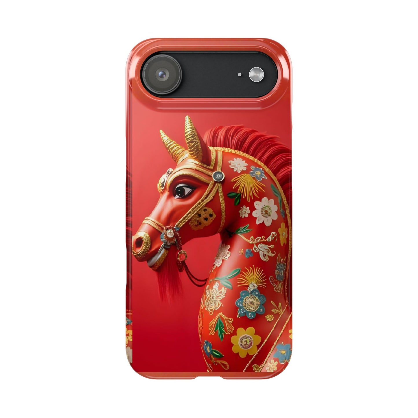 Year of the Horse Floral Art Slim Phone Case, Chinese Zodiac 2026 Design, compatible with iPhone 17 16 15 14 13 12 11