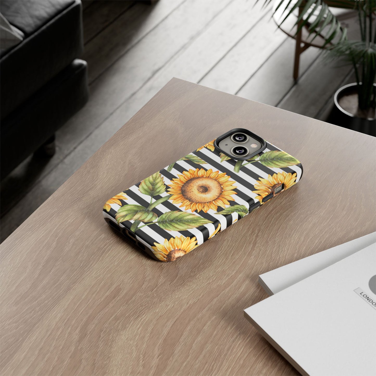 Sunflower Tough Phone Case - Bold Yellow Floral Art, Black and White Striped Aesthetic, Compatible with iPhone, Galaxy, and Google Phones