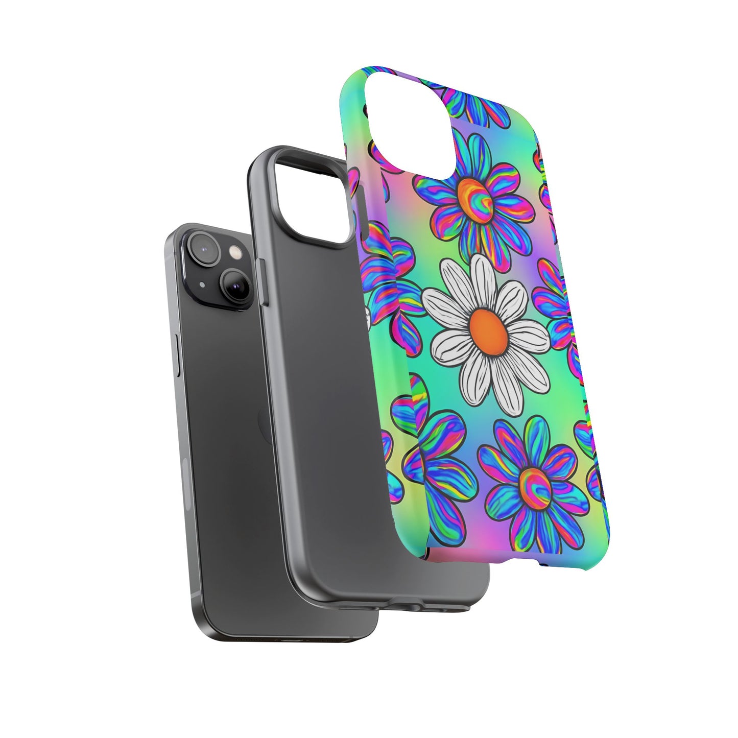 Trippy Daisy Tough Phone Case - Psychedelic Floral Design, Colorful Retro Aesthetic, Compatible with iPhone, Galaxy, and Google Phones