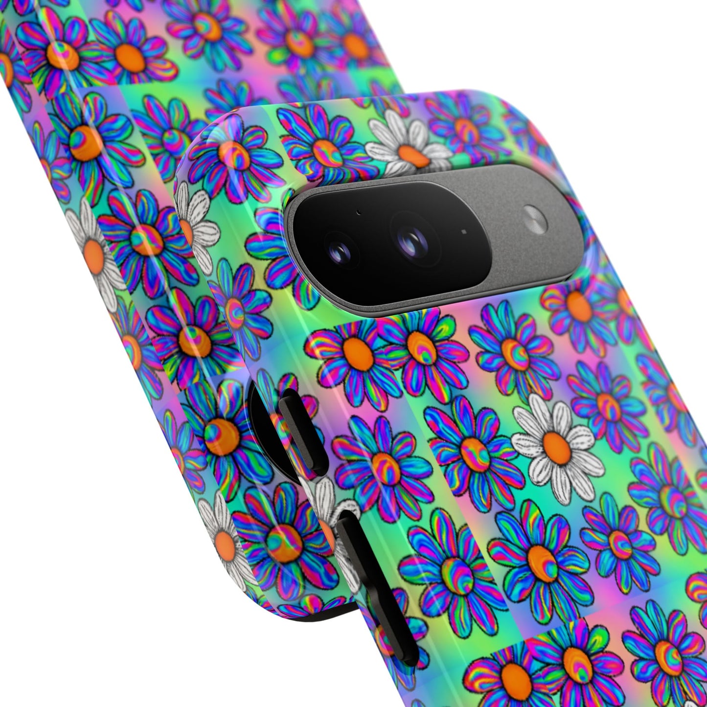 Trippy Daisy Tough Phone Case - Psychedelic Floral Aesthetic, Colorful Groovy Design, Compatible with iPhone, Galaxy, and Google Phones