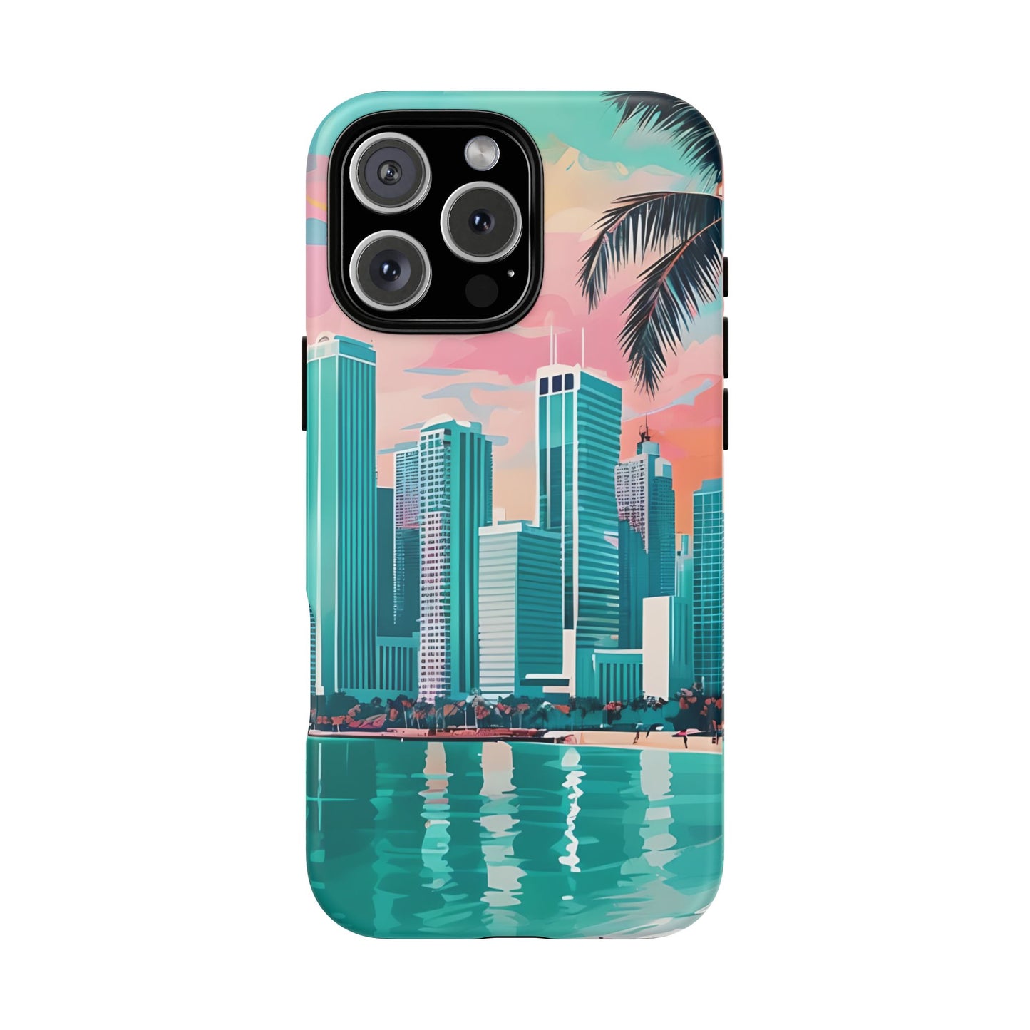 Miami Cityscape Phone Case - Tropical Skyline Tough Case, Sunset Beach Urban Art, Gift for Travelers Compatible with iPhone, Galaxy, Google