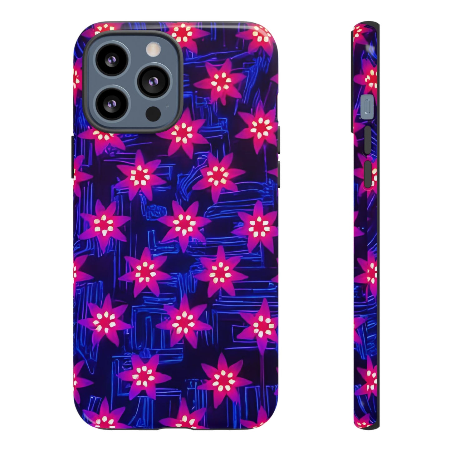 Neon Flower Tough Phone Case - Trippy Dark Floral Art, Electric Glow Aesthetic, Compatible with iPhone, Galaxy, and Google Phones