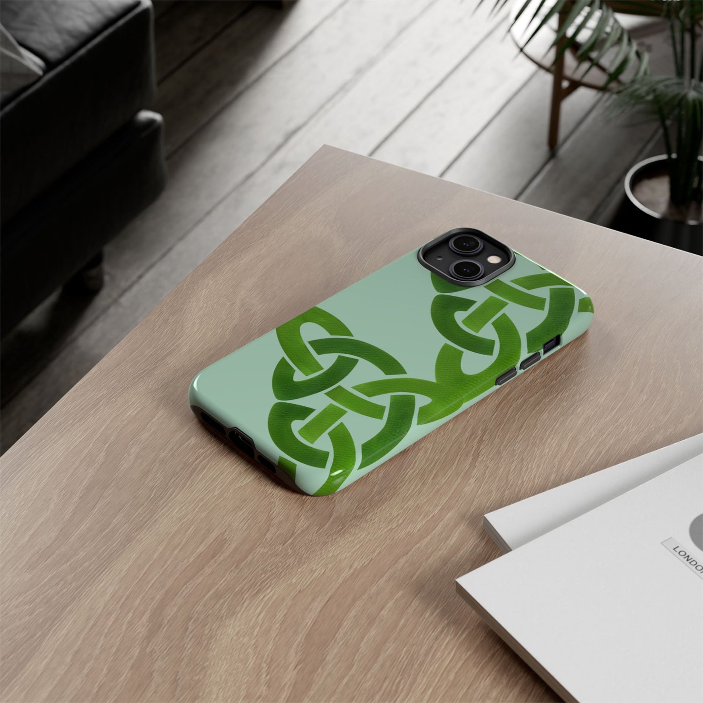 Tough Case Celtic Knot Light Green Pattern Phone Cover Compatible with iPhone 17, 16, 15, 14, 13, Galaxy, Google, Irish Heritage Design