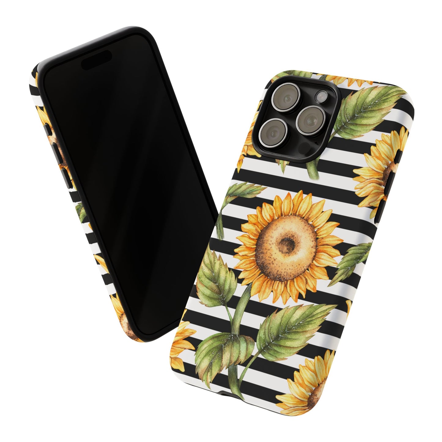 Sunflower Tough Phone Case - Bold Yellow Floral Art, Black and White Striped Aesthetic, Compatible with iPhone, Galaxy, and Google Phones