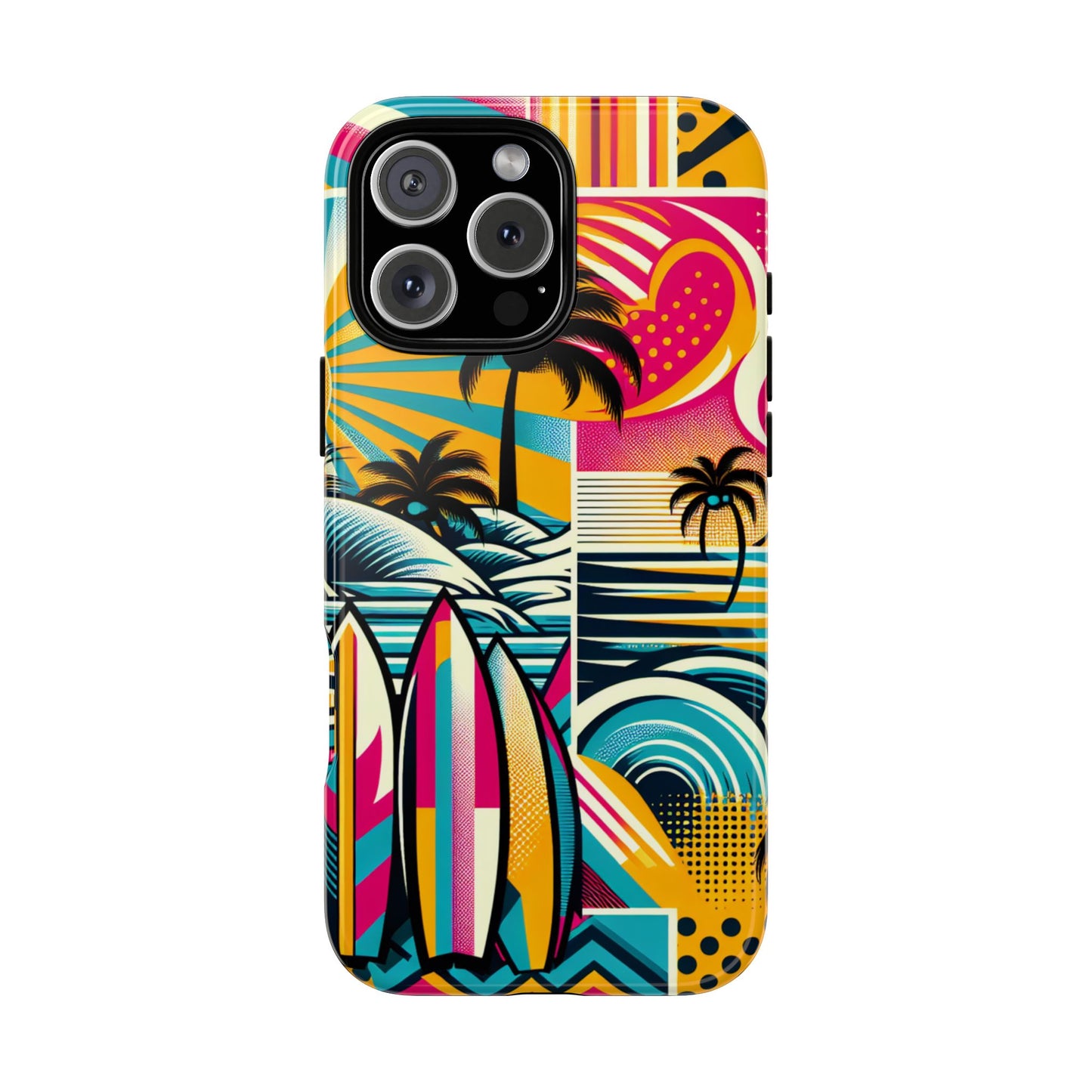 Surf Pop Phone Case - Colorful Retro Beach Vibe with Palm Trees and Surfboard compatible with iPhone, Samsung Galaxy and Pixel Summer Cover