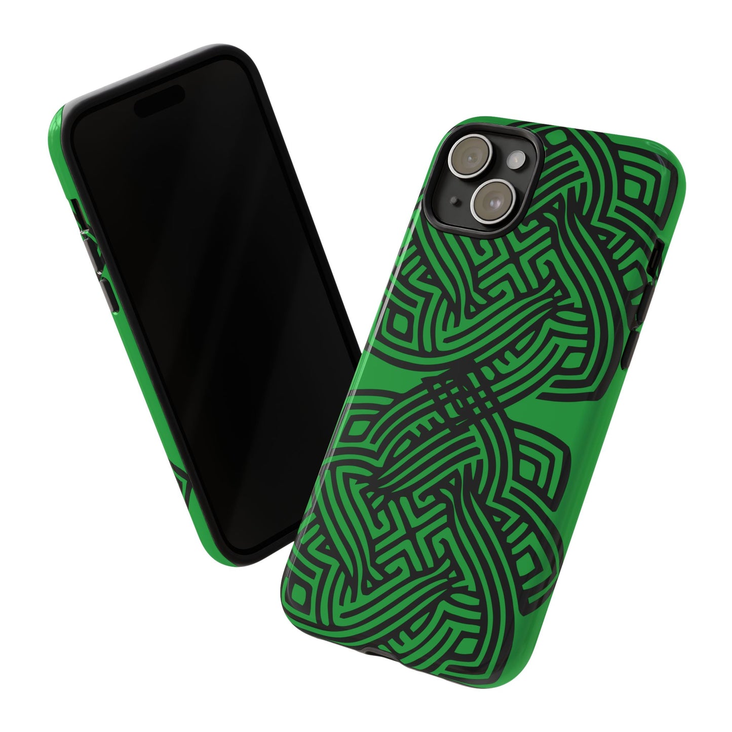 Tough Case Celtic Knot Green and Black Pattern Phone Cover Compatible with iPhone 17, 16, 15, 14, 13, Galaxy, Google, Irish Heritage Design