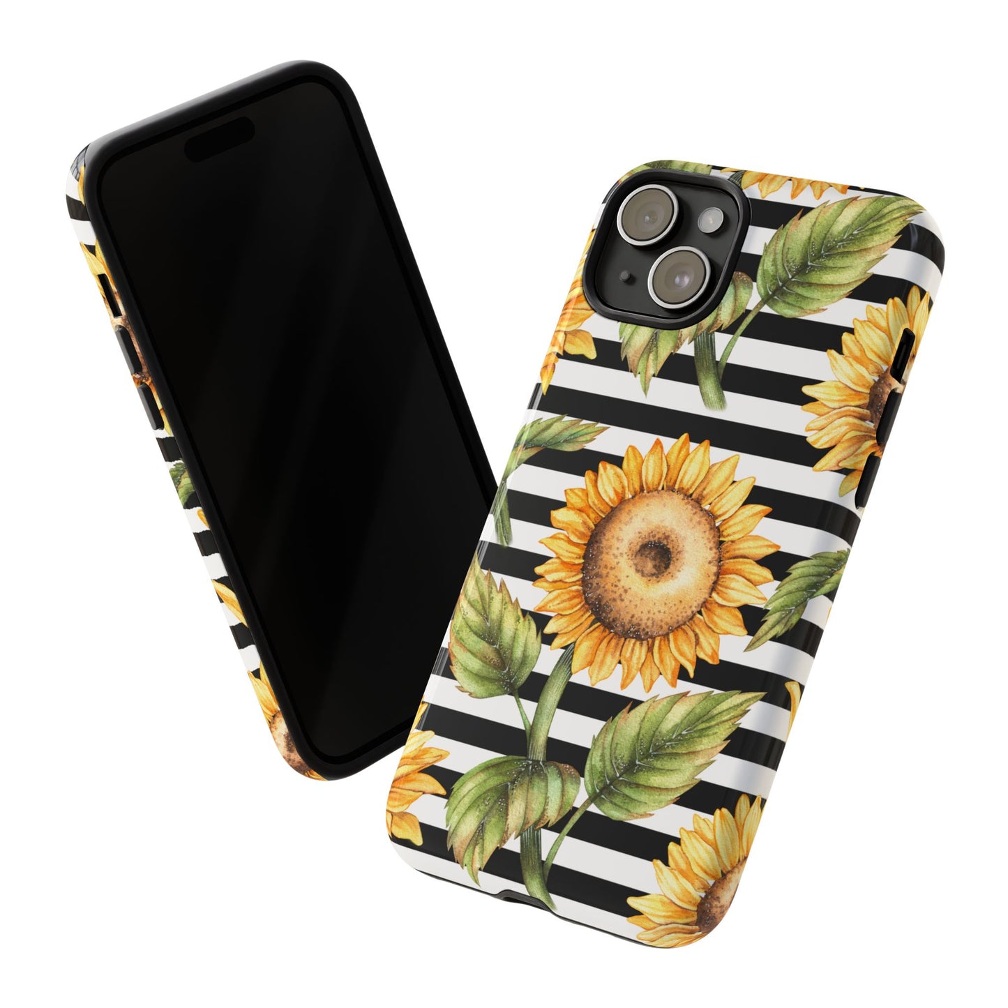 Sunflower Tough Phone Case - Bold Yellow Floral Art, Black and White Striped Aesthetic, Compatible with iPhone, Galaxy, and Google Phones