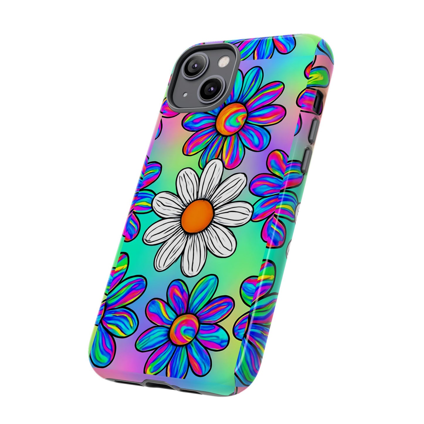 Trippy Daisy Tough Phone Case - Psychedelic Floral Design, Colorful Retro Aesthetic, Compatible with iPhone, Galaxy, and Google Phones