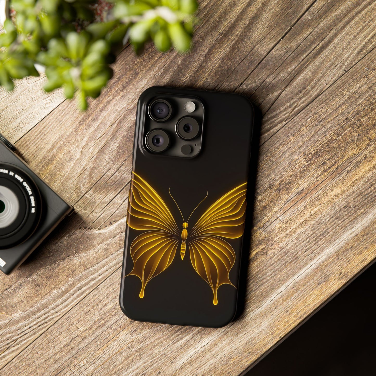 Golden Butterfly Phone Case, Elegant Insect Art, Black Aesthetic Slim Phone Case Compatible with iPhone, Galaxy, Google