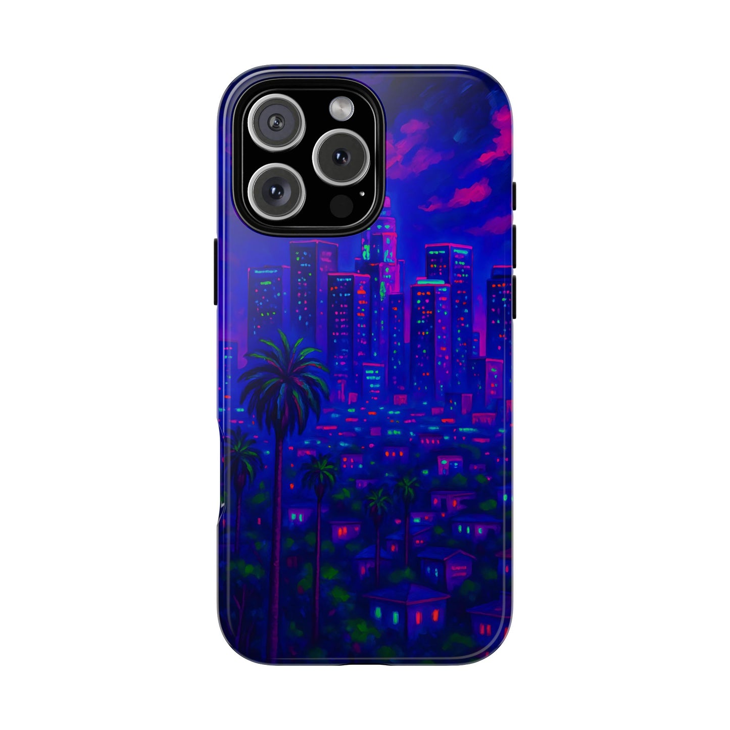 Los Angeles Cityscape Tough Phone Case - Neon Night Skyline, Sunset Urban Art, California Aesthetic, Compatible with iPhone, Galaxy, Google