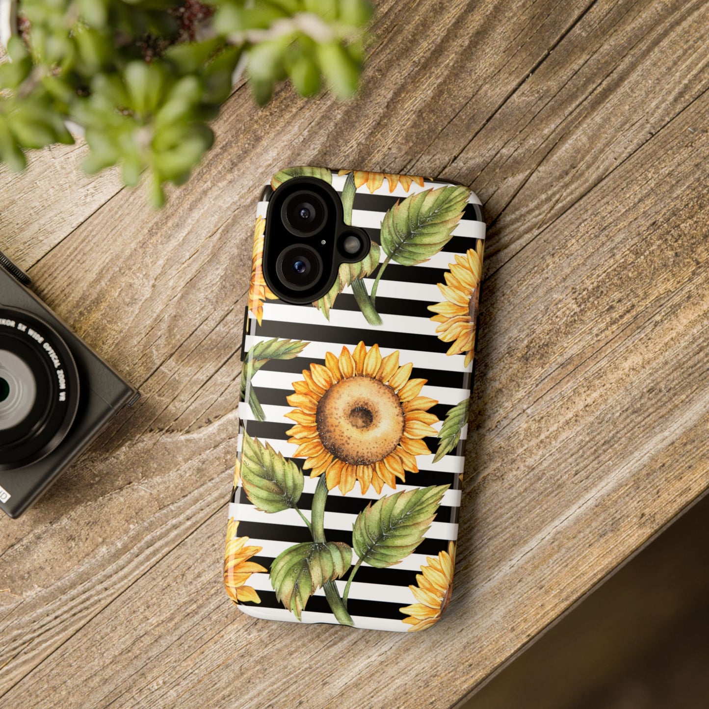 Sunflower Tough Phone Case - Bold Yellow Floral Art, Black and White Striped Aesthetic, Compatible with iPhone, Galaxy, and Google Phones