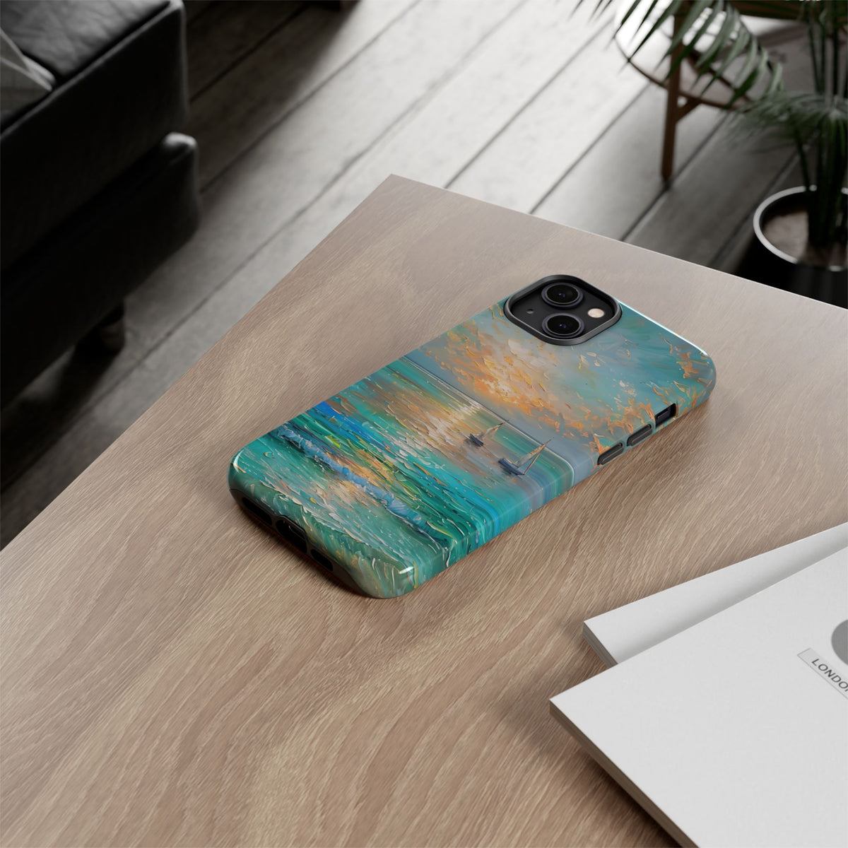 Sailboat Ocean Scenery Tough Phone Case, Oil Painting Phone Cover, Sunset Sailing Compatible with iPhone 17, 16, 15, 14, 13, Galaxy, Google