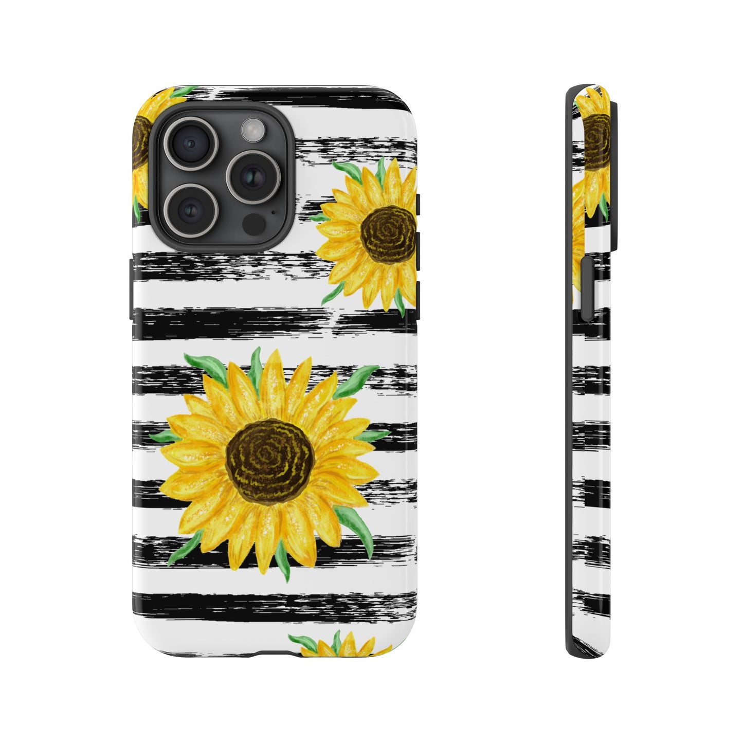 Sunflower Tough Phone Case - Bright Yellow Floral Art, Black and White Striped Aesthetic, Compatible with iPhone, Galaxy, and Google Phones