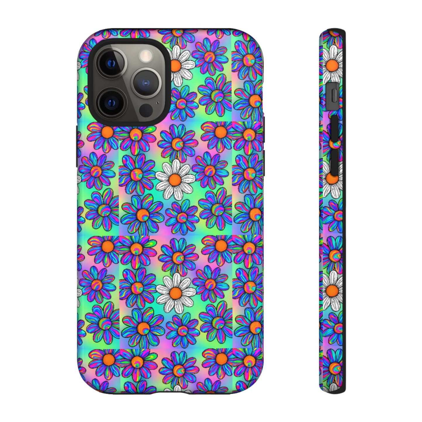 Trippy Daisy Tough Phone Case - Psychedelic Floral Aesthetic, Colorful Groovy Design, Compatible with iPhone, Galaxy, and Google Phones