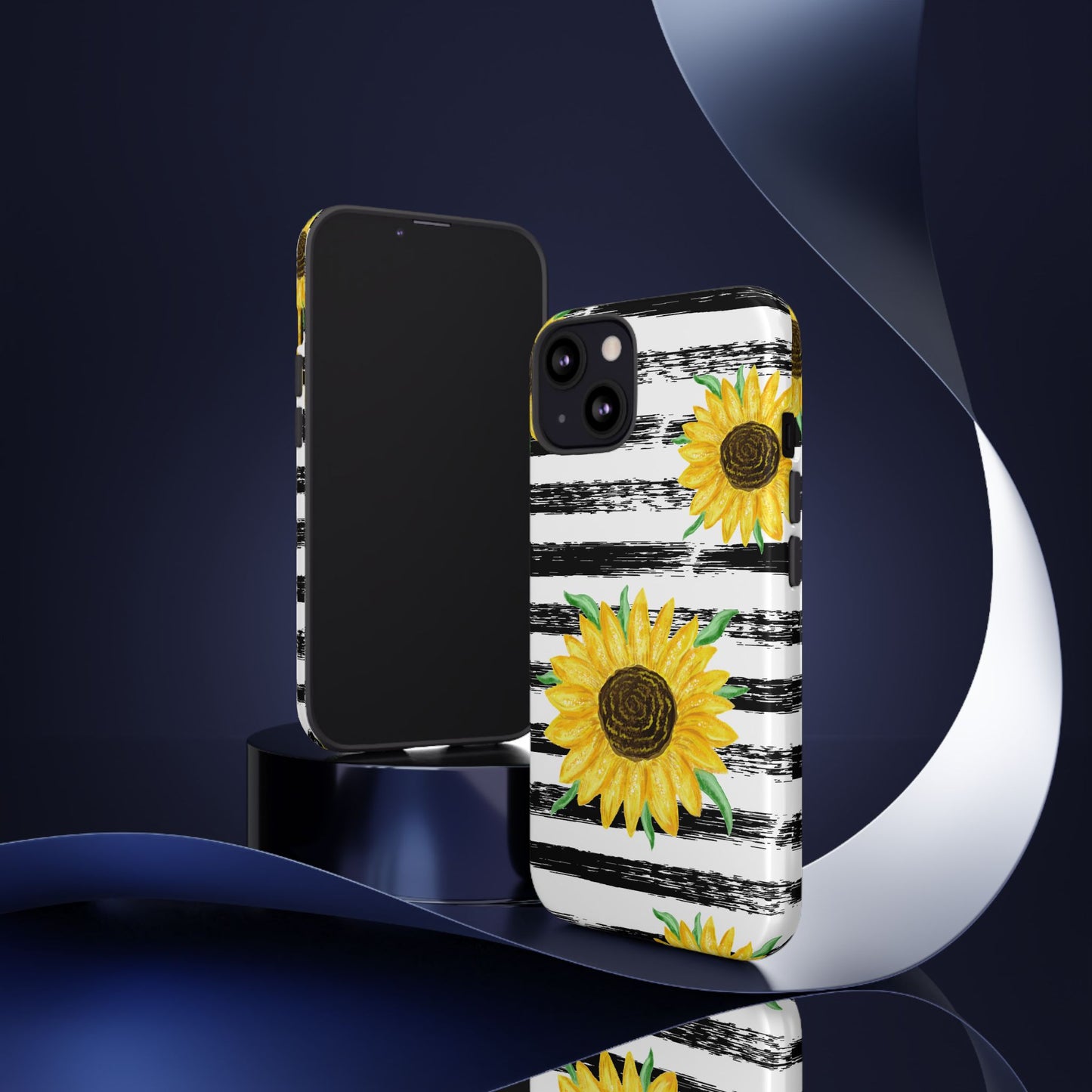 Sunflower Tough Phone Case - Bright Yellow Floral Art, Black and White Striped Aesthetic, Compatible with iPhone, Galaxy, and Google Phones