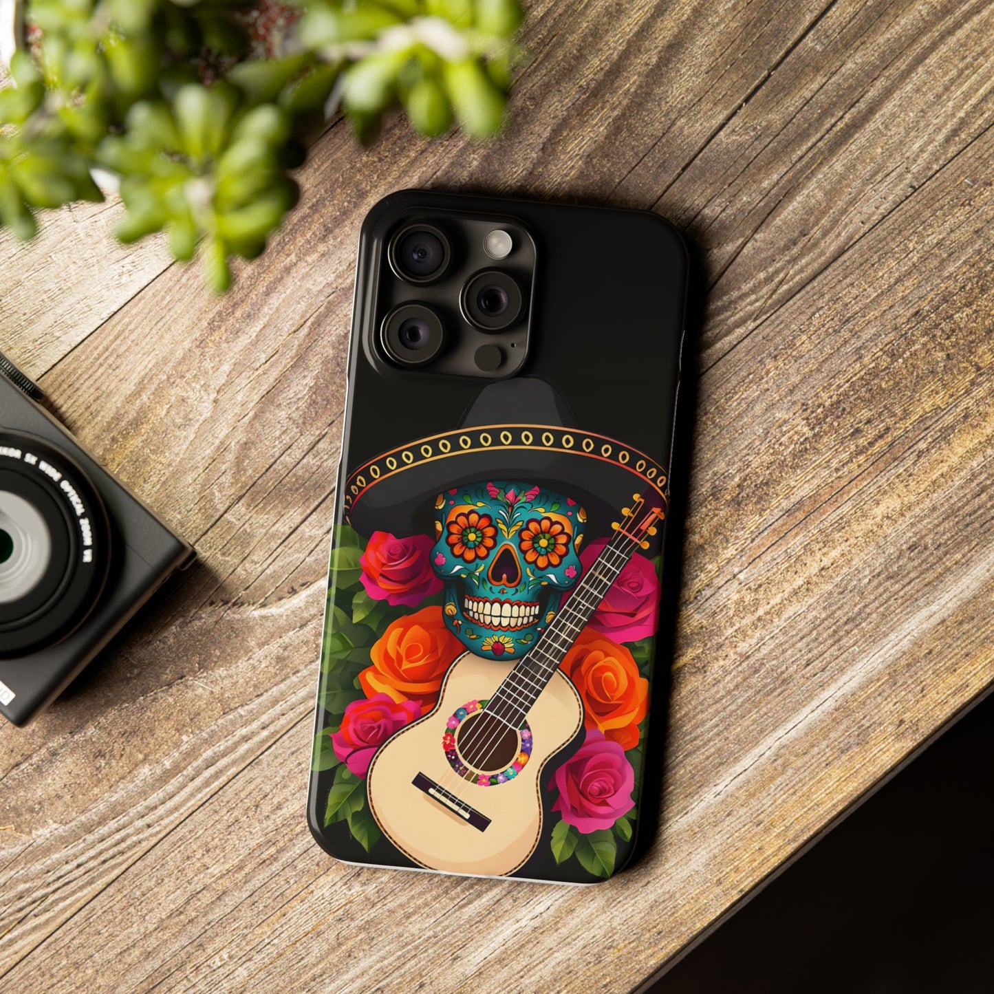 Mariachi Skull Slim Phone Case, Colorful Folk Aesthetic, Halloween Floral Skull Design, Gift for Mexican Culture Lovers