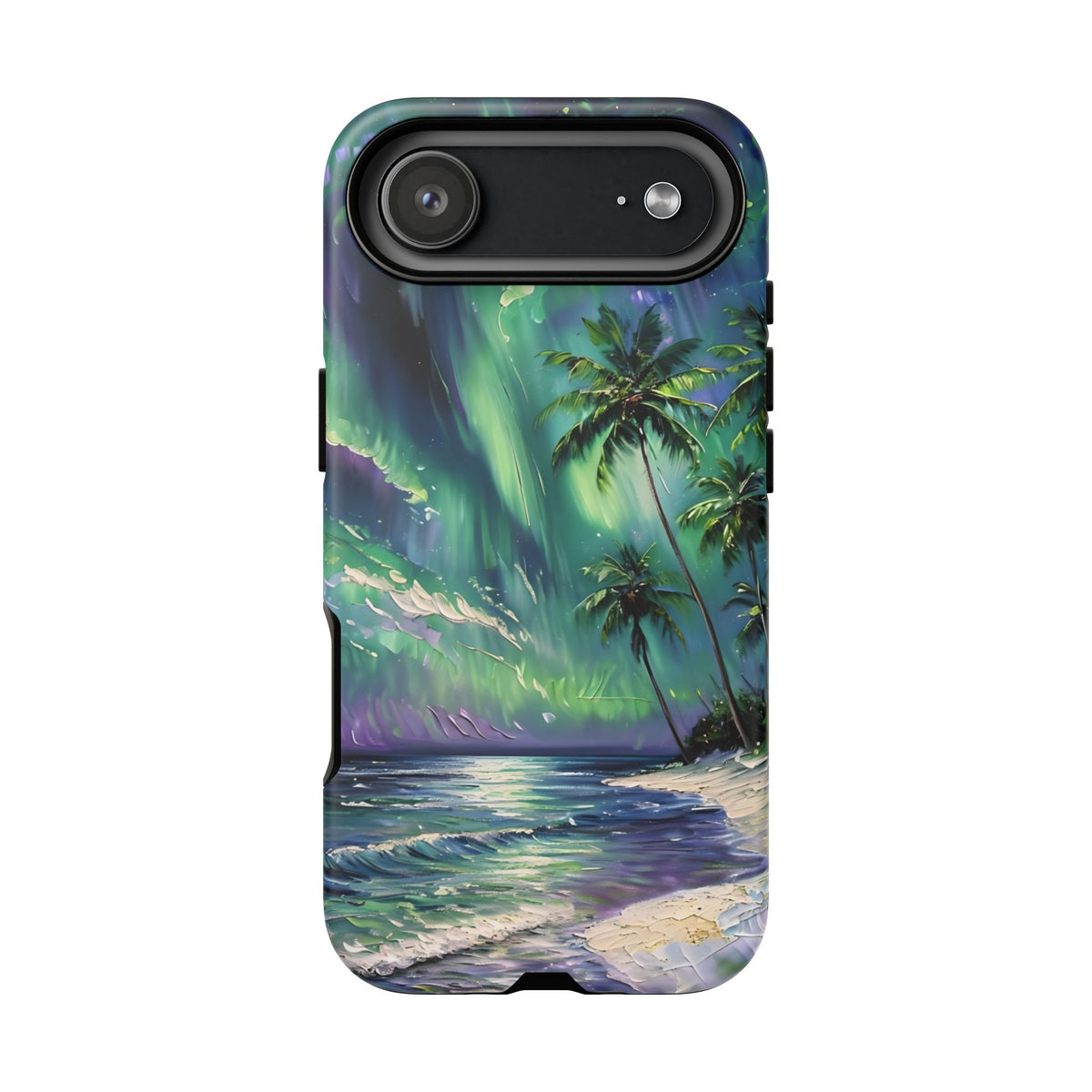 Tropical Beach Scenery Tough Phone Case, Oil Painting, Northern Lights Compatible with iPhone 17, 16, 15, 14, 13, Galaxy, Google