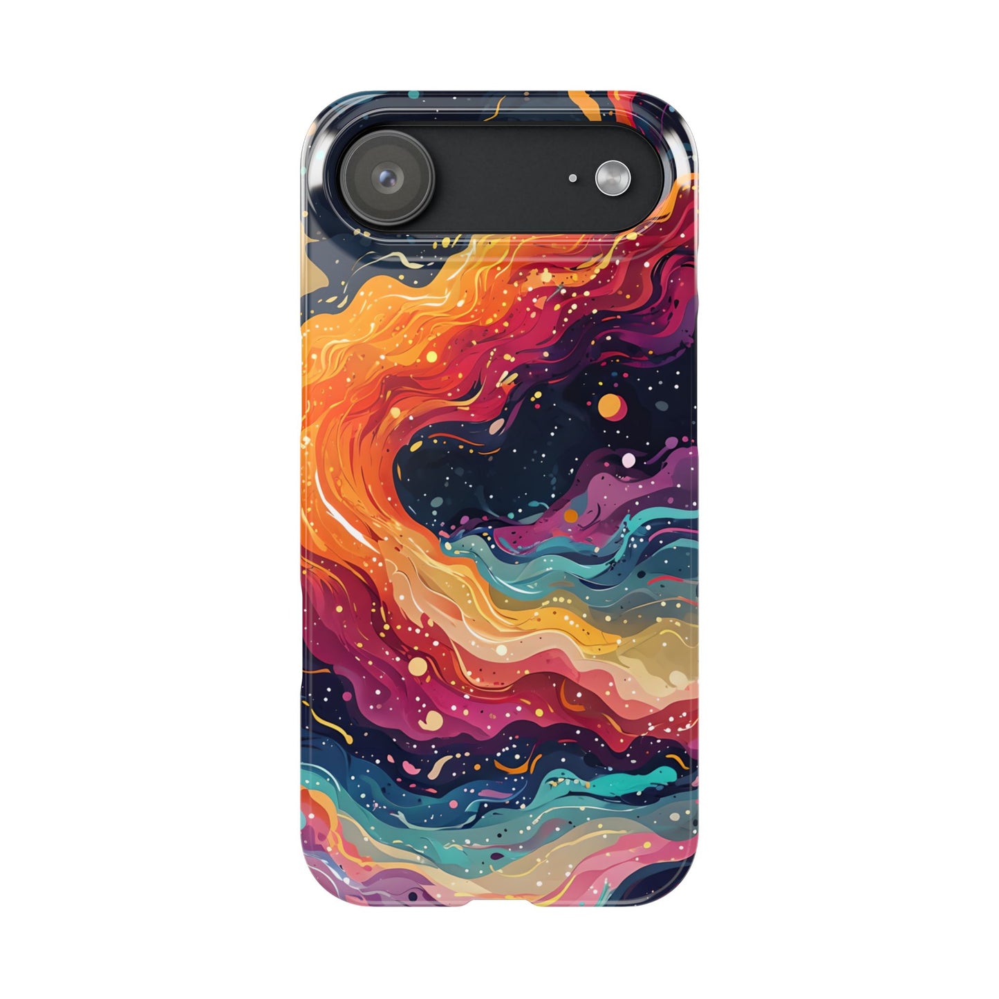 A dreamy mix of orange, blue, pink, and violet wave patterns float over a black night sky in this psychedelic abstract tough phone case. The celestial art vibe makes it a favorite for astrology and sci-fi lovers.