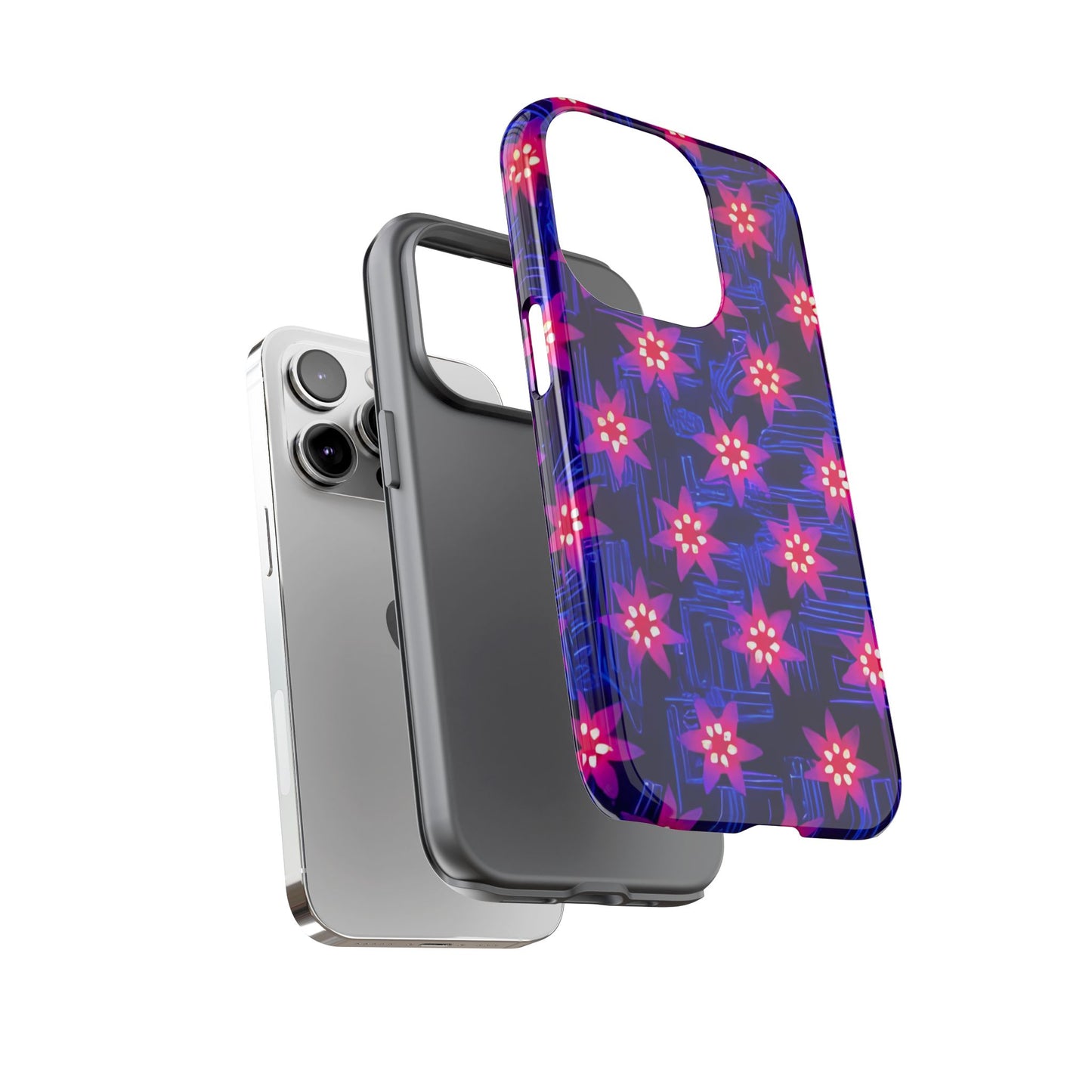 Neon Flower Tough Phone Case - Trippy Dark Floral Art, Electric Glow Aesthetic, Compatible with iPhone, Galaxy, and Google Phones