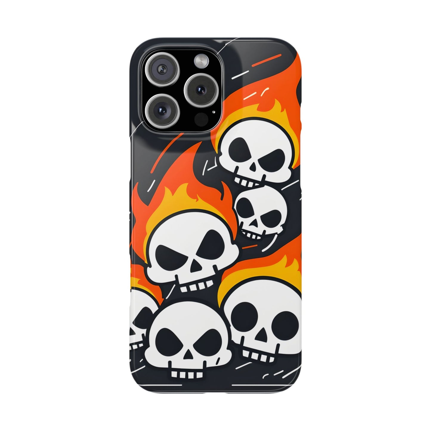 Flaming Skulls Slim Phone Case, Y2K Alt Halloween Aesthetic, Creepy Cute Cartoon Style, Stylish Music Lovers, Perfect Gift for Halloween