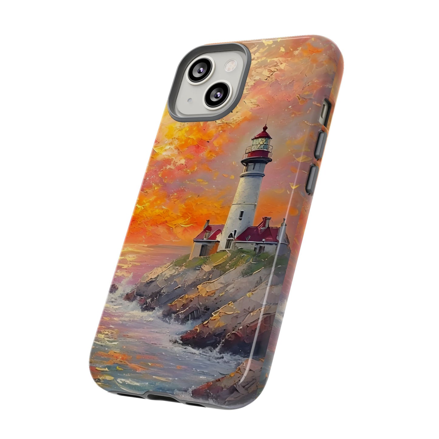 Lighthouse Ocean Scenery Tough Phone Case, Oil Painting, Sunset Coastal Compatible with iPhone 17, 16, 15, 14, 13, Galaxy, Google