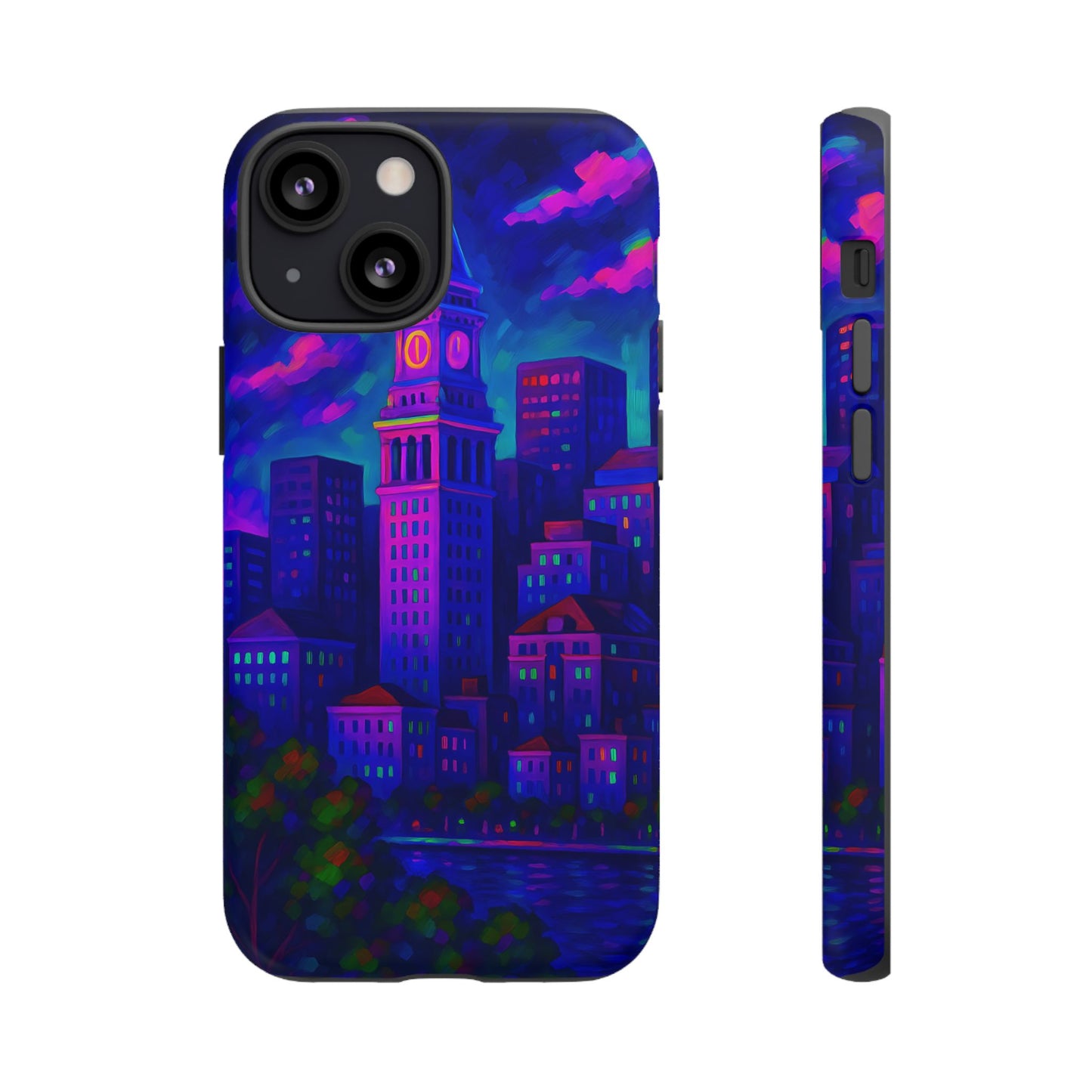 Boston Cityscape Tough Phone Case, Neon Night Skyline, Sunset Tower View Watercolor Urban Art, Compatible with iPhone, Galaxy, Google Phones