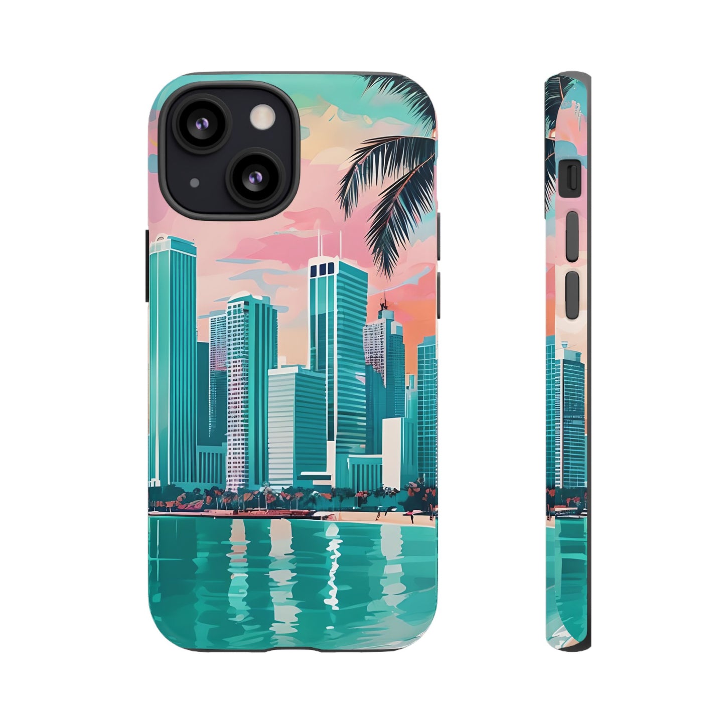 Miami Cityscape Phone Case - Tropical Skyline Tough Case, Sunset Beach Urban Art, Gift for Travelers Compatible with iPhone, Galaxy, Google