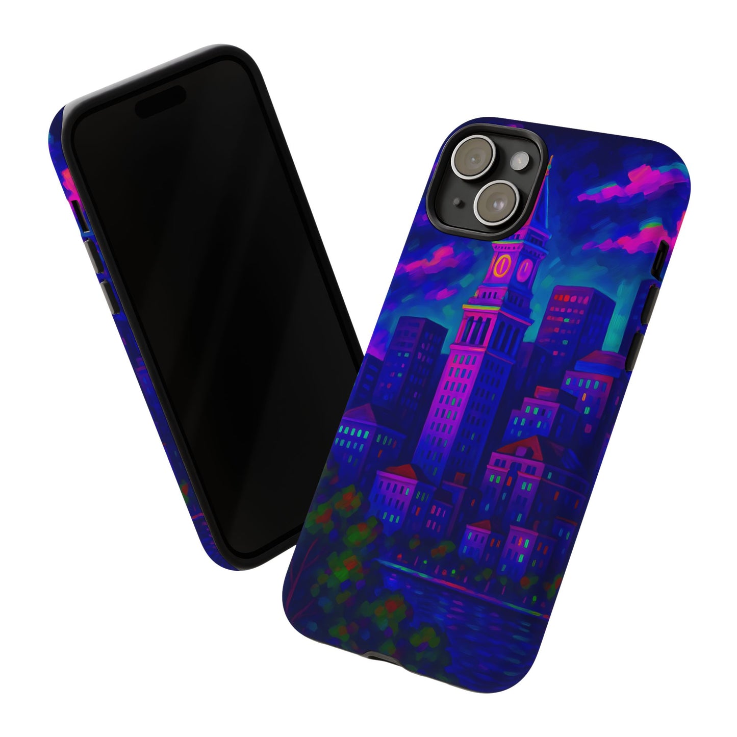 Boston Cityscape Tough Phone Case, Neon Night Skyline, Sunset Tower View Watercolor Urban Art, Compatible with iPhone, Galaxy, Google Phones