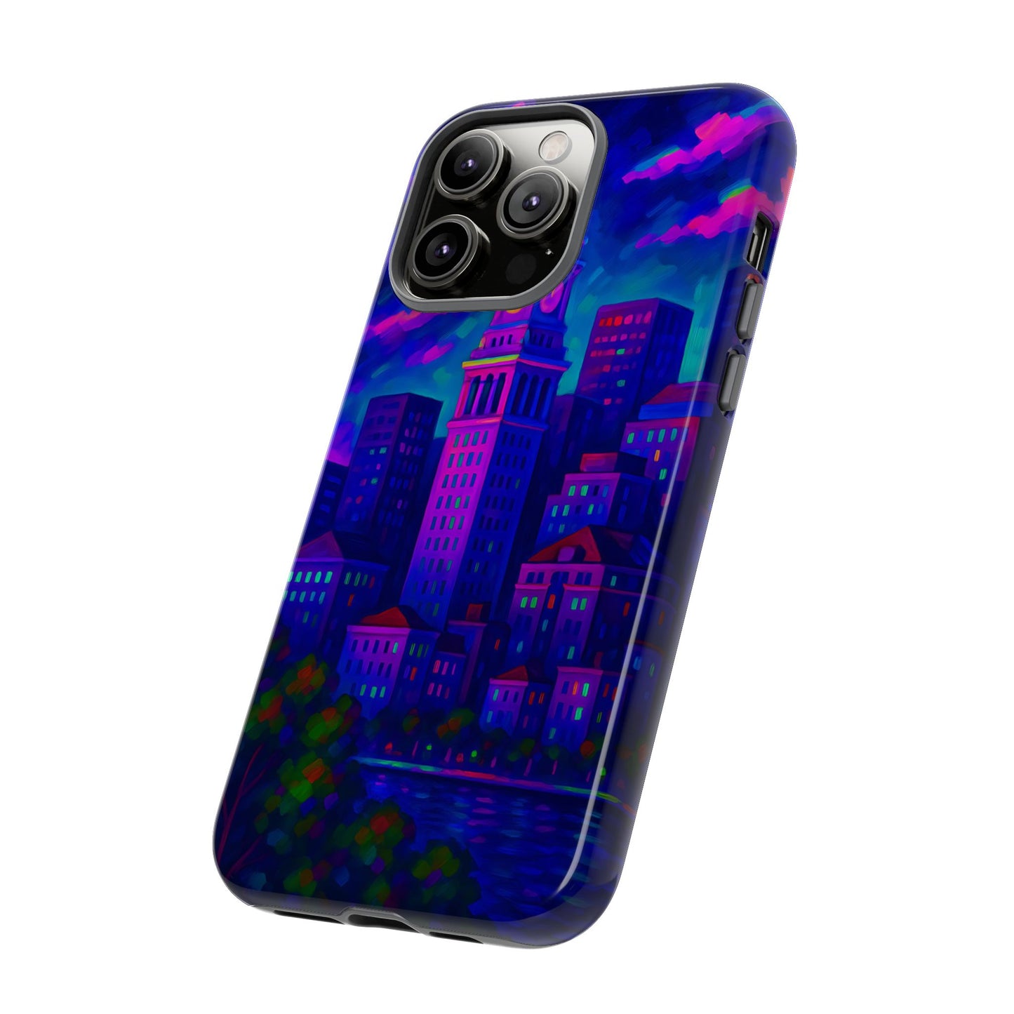 Boston Cityscape Tough Phone Case, Neon Night Skyline, Sunset Tower View Watercolor Urban Art, Compatible with iPhone, Galaxy, Google Phones