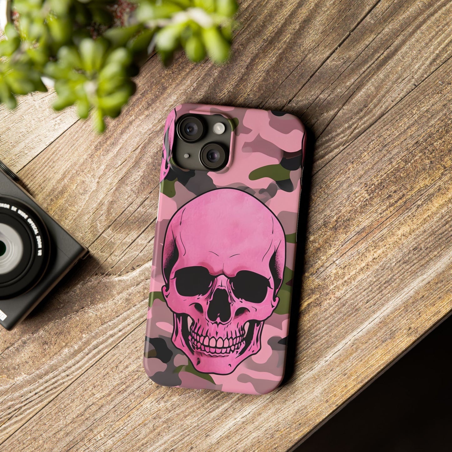 Pink Camo Skull Phone Case, Slim Case for iPhone, Edgy Phone Accessory, Unique Gift for Her, Trendy Tech Lover