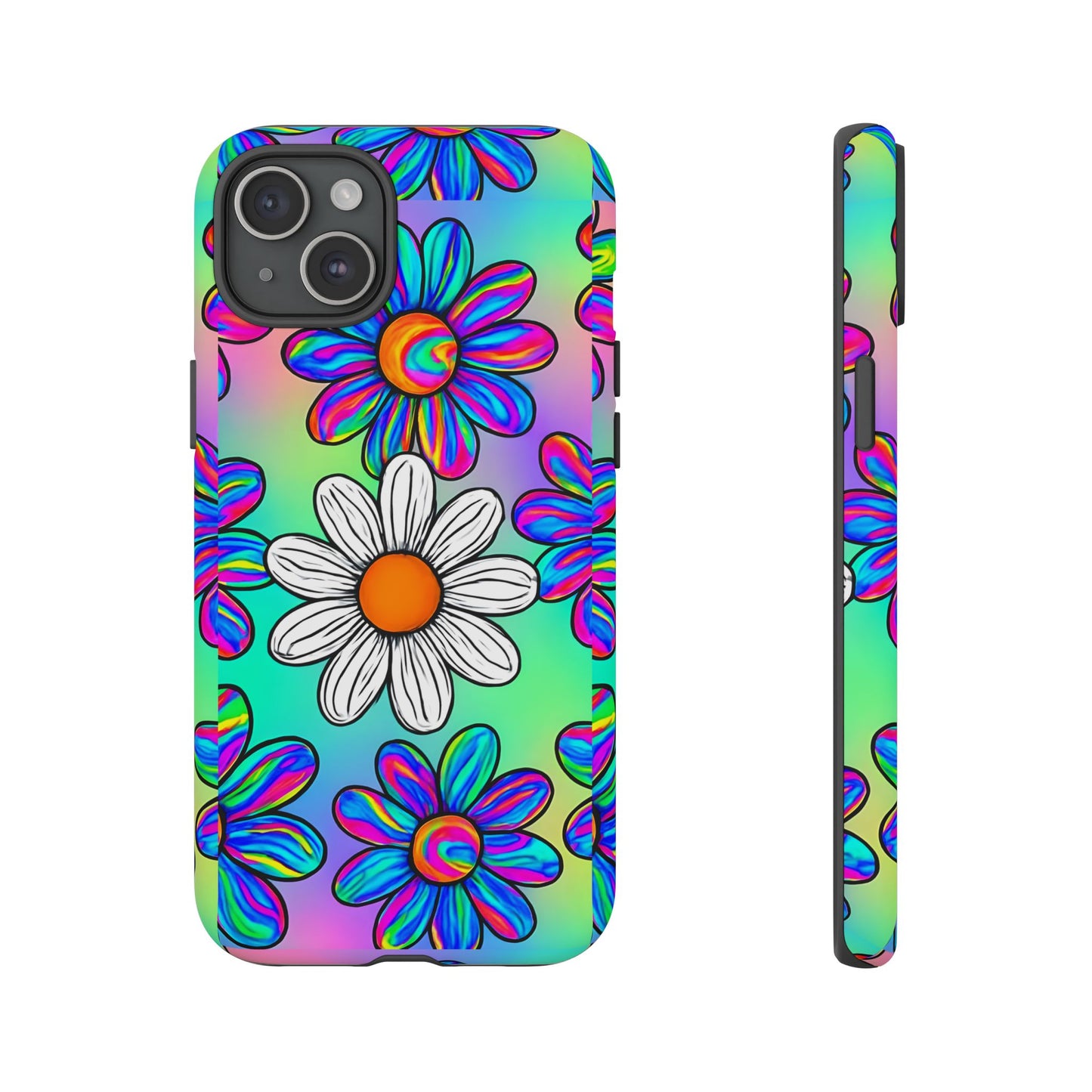 Trippy Daisy Tough Phone Case - Psychedelic Floral Design, Colorful Retro Aesthetic, Compatible with iPhone, Galaxy, and Google Phones