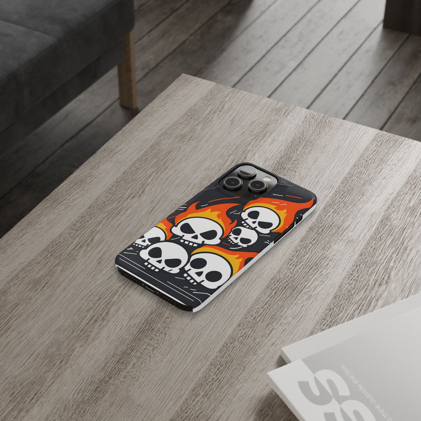 Flaming Skulls Slim Phone Case, Y2K Alt Halloween Aesthetic, Creepy Cute Cartoon Style, Stylish Music Lovers, Perfect Gift for Halloween