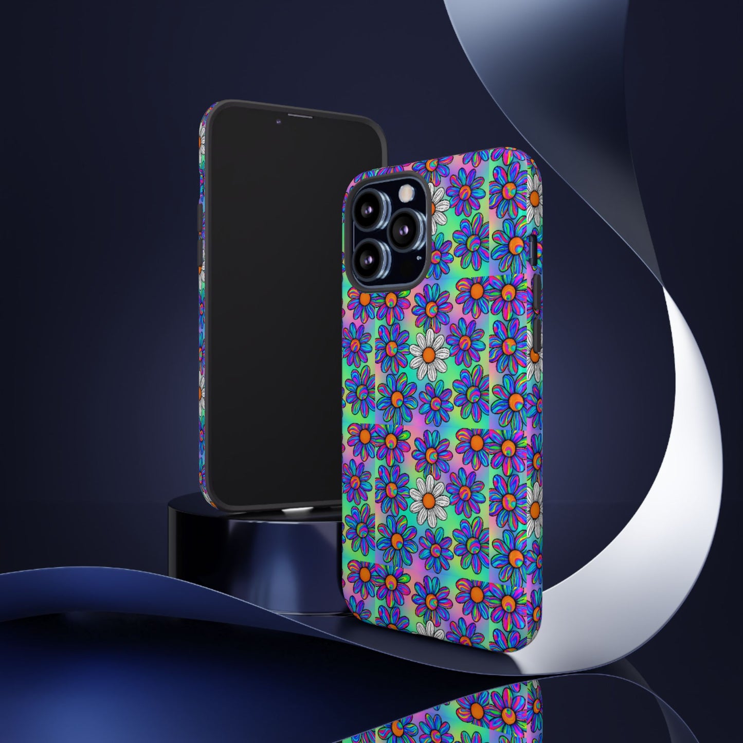 Trippy Daisy Tough Phone Case - Psychedelic Floral Aesthetic, Colorful Groovy Design, Compatible with iPhone, Galaxy, and Google Phones