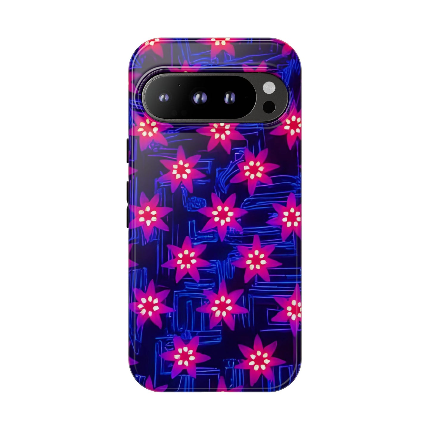 Neon Flower Tough Phone Case - Trippy Dark Floral Art, Electric Glow Aesthetic, Compatible with iPhone, Galaxy, and Google Phones
