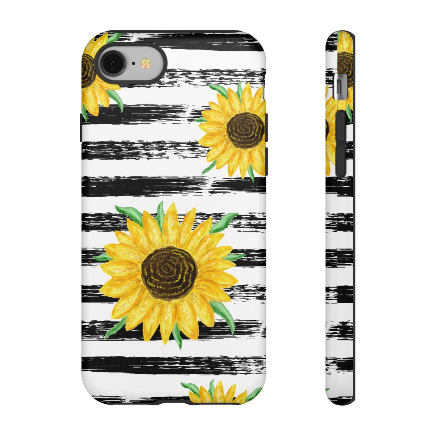 Sunflower Tough Phone Case - Bright Yellow Floral Art, Black and White Striped Aesthetic, Compatible with iPhone, Galaxy, and Google Phones
