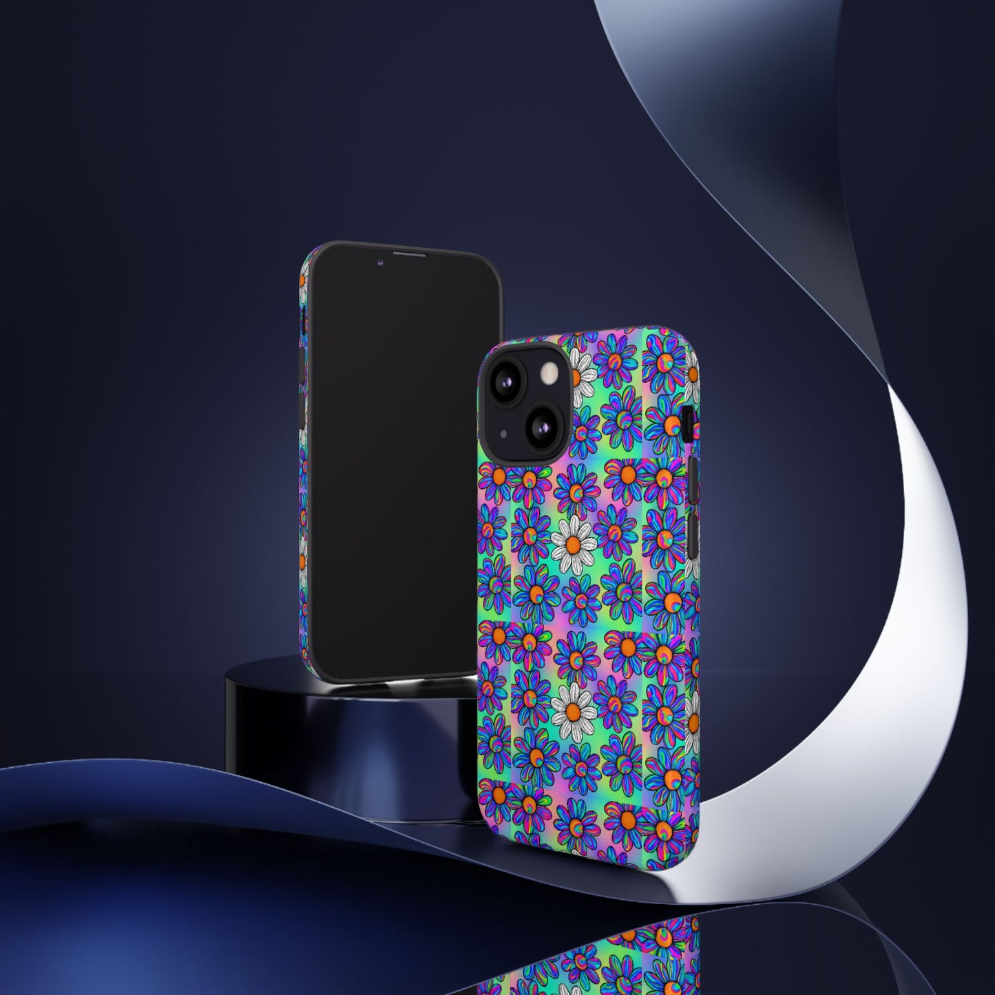 Trippy Daisy Tough Phone Case - Psychedelic Floral Aesthetic, Colorful Groovy Design, Compatible with iPhone, Galaxy, and Google Phones