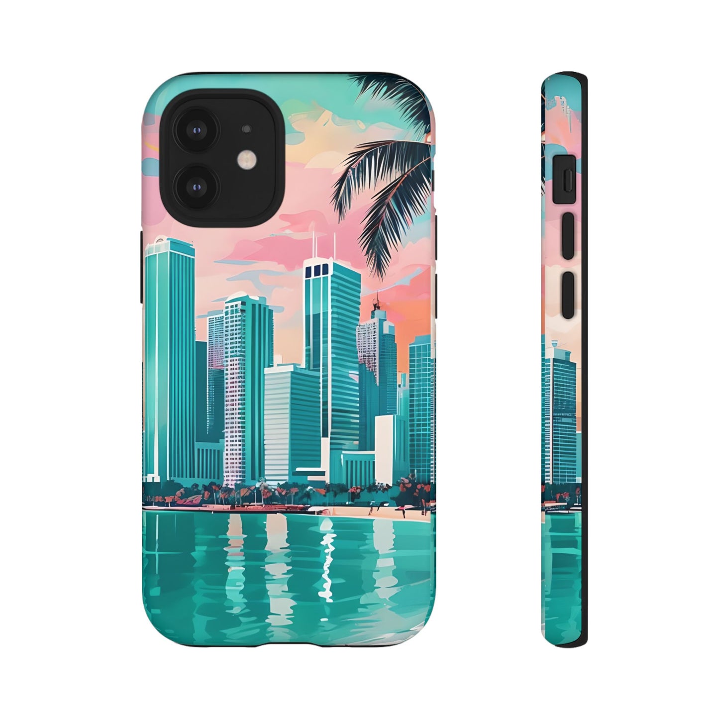 Miami Cityscape Phone Case - Tropical Skyline Tough Case, Sunset Beach Urban Art, Gift for Travelers Compatible with iPhone, Galaxy, Google