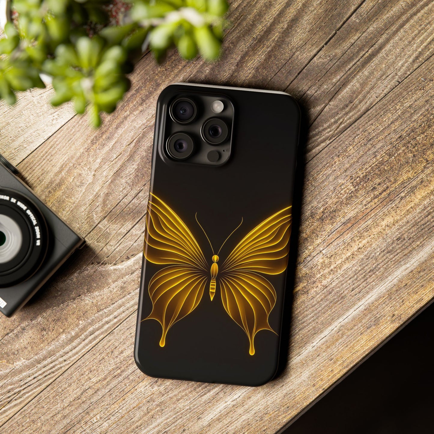 Golden Butterfly Phone Case, Elegant Insect Art, Black Aesthetic Slim Phone Case Compatible with iPhone, Galaxy, Google