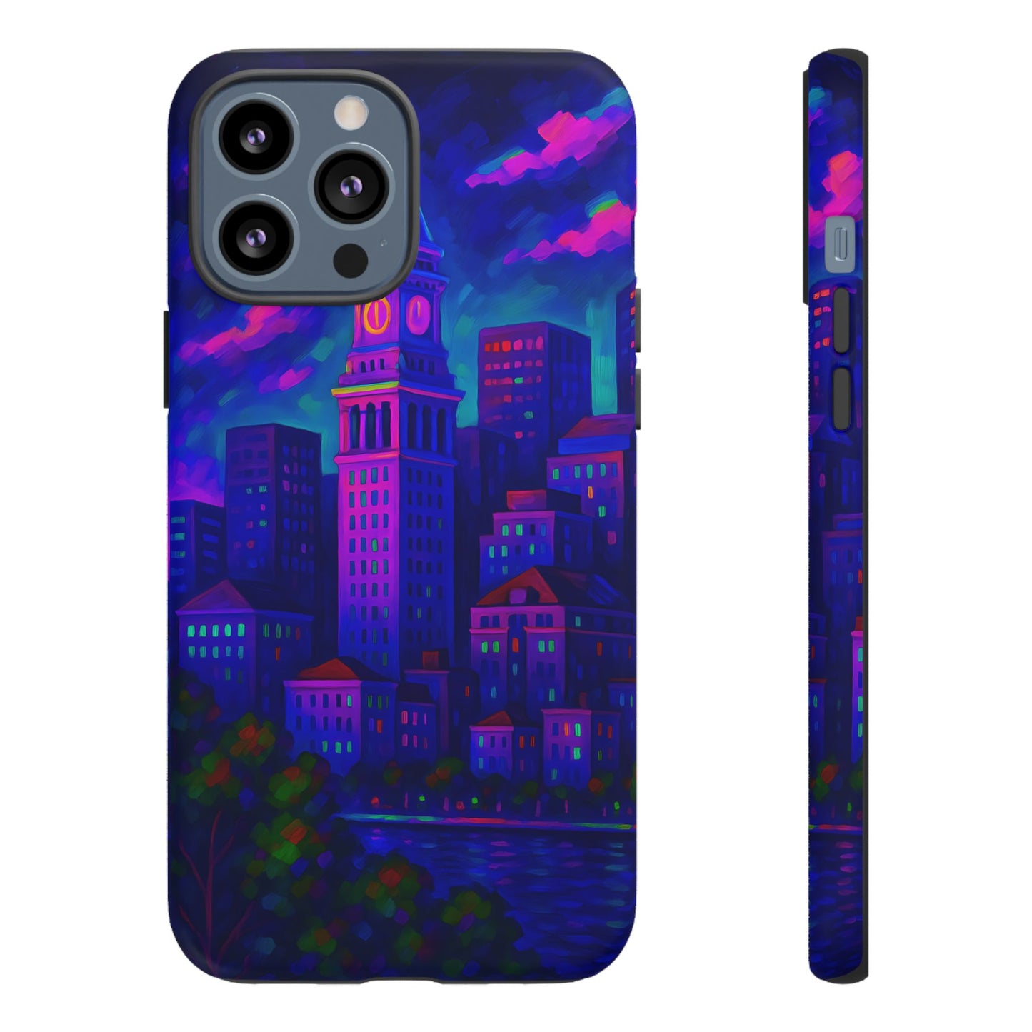 Boston Cityscape Tough Phone Case, Neon Night Skyline, Sunset Tower View Watercolor Urban Art, Compatible with iPhone, Galaxy, Google Phones