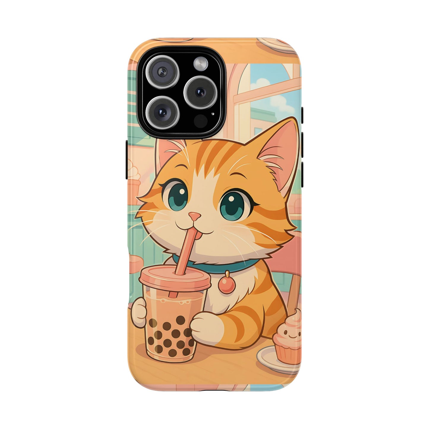 Boba Cat Tough Phone Case - Kawaii Bubble Tea Anime Kitty, Pastel Cafe Aesthetic Gift, Compatible with iPhone, Galaxy, and Google Phones