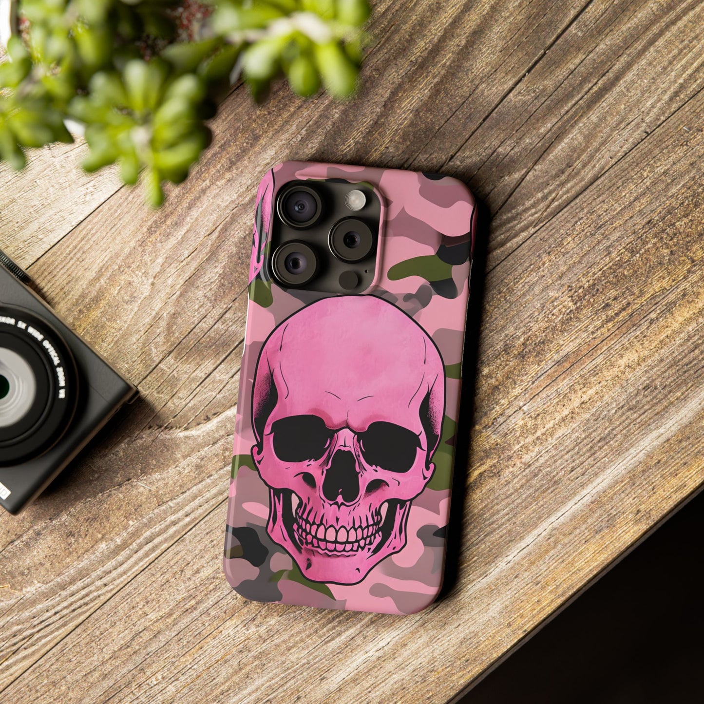Pink Camo Skull Phone Case, Slim Case for iPhone, Edgy Phone Accessory, Unique Gift for Her, Trendy Tech Lover