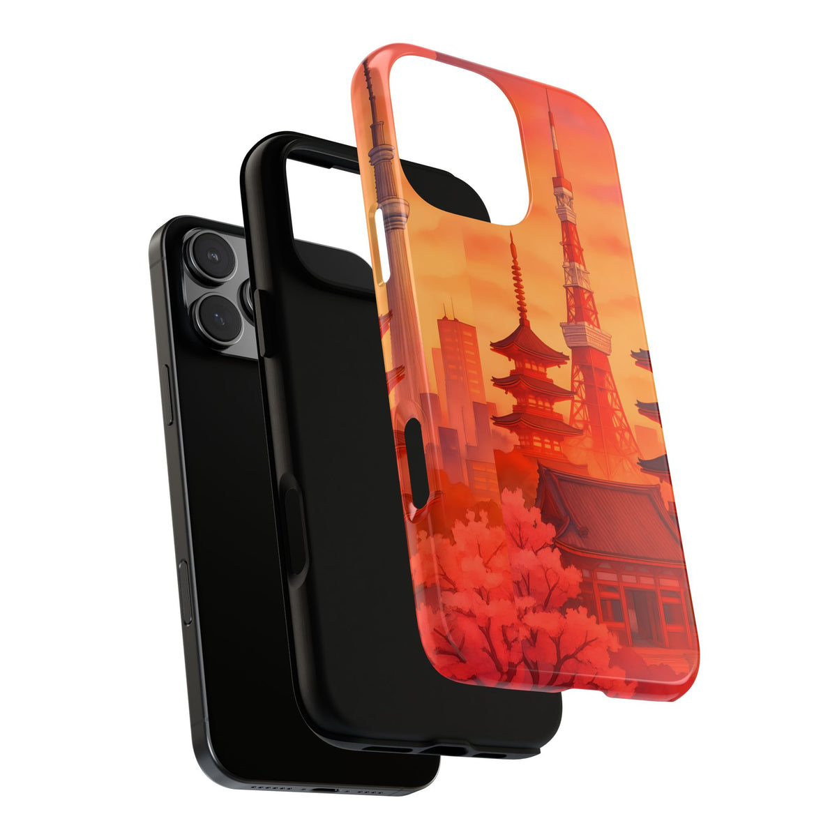Cityscape Tough Phone Case, Tokyo Skyline Phone Cover, Watercolor Design Compatible with iPhone, Galaxy & Google