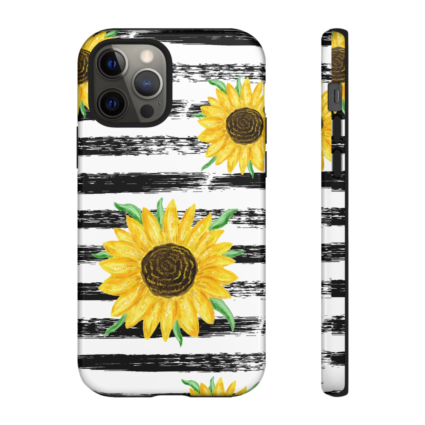 Sunflower Tough Phone Case - Bright Yellow Floral Art, Black and White Striped Aesthetic, Compatible with iPhone, Galaxy, and Google Phones